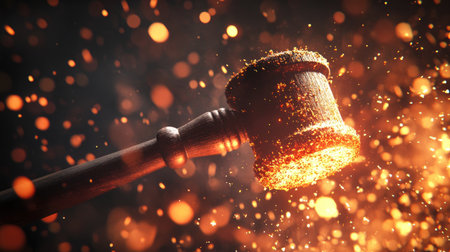 A captivating image of a gavel creating a dynamic display of light and particles, symbolizing justice and authority in a dramatic courtroom setting.の素材