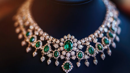 This elegant necklace features brilliant emeralds and sparkling diamonds, showcasing luxury and craftsmanship. Ideal for fashion and jewelry displays.の素材