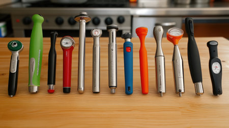 A collection of various kitchen thermometers displayed on a wooden surface. These tools represent essential measuring devices for accurate temperature readings in cooking.の素材