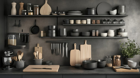 This image features a modern kitchen shelf displaying a stylish arrangement of cookware, utensils, and natural decor, reflecting a clean and inviting culinary space.の素材