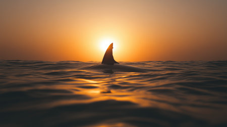 A striking image of a shark fin emerging from the ocean water at sunset. The serene atmosphere captures the beauty of nature and marine life.の素材