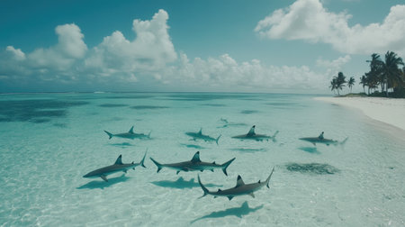 A serene view of sharks swimming in clear tropical waters near a sandy beach. The calm environment captures marine life in a beautiful coastal scene.の素材