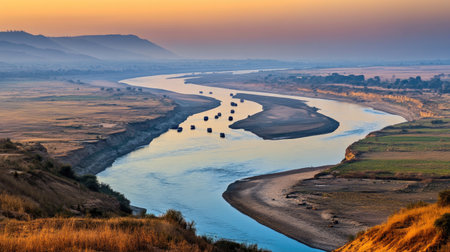 A breathtaking view of a tranquil river at dusk, featuring gentle hills, boats floating softly on the water, and a serene atmosphere perfect for nature lovers.の素材