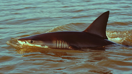 A stunning image of a shark swimming gracefully in calm waters, showcasing its sleek body and powerful fins. This photograph captures the essence of marine wildlife in a tranquil setting.の素材