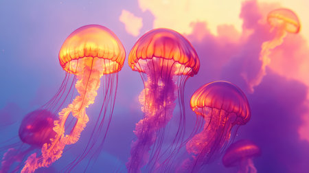 Explore the captivating beauty of colorful jellyfish gracefully floating in a vibrant underwater scene, featuring luminous colors and ethereal motion.の素材