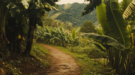Explore a serene pathway through lush tropical foliage, showcasing the beauty of nature and vibrant green landscapes ideal for outdoor adventures.の素材