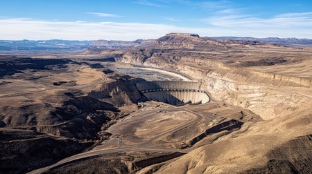 This stunning aerial view showcases a large dam nestled within a rocky mountain landscape, highlighting the vast terrain and natural beauty of the area.の素材