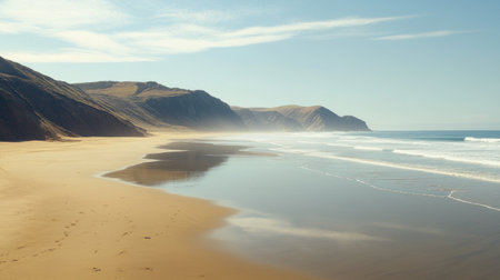 Experience the beauty of a serene coastal landscape featuring a sandy beach, gentle ocean waves, and distant hills under a clear blue sky. Perfect for relaxation and nature lovers.の素材