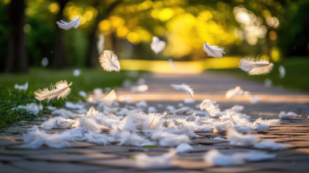 Soft white feathers scatter over a tranquil park pathway, illuminated by gentle sunlight filtering through lush greenery, creating a serene and whimsical atmosphere.の素材