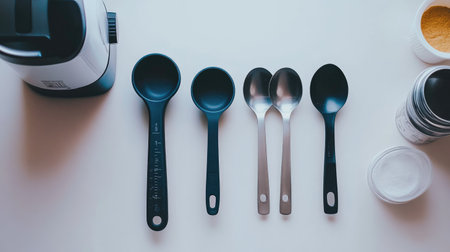 A modern arrangement of kitchen utensils including measuring spoons and scoops on a clean tabletop, perfect for food preparation and culinary scenes.の素材
