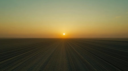 A breathtaking sunset casts a warm glow over a flat landscape, creating a tranquil and serene atmosphere. Perfectly captures the beauty of nature.の素材
