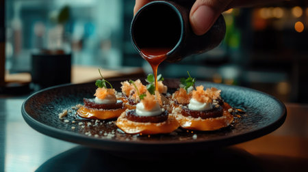 A chef pours rich sauce over an elegantly presented gourmet dish, showcasing artistic food styling and vibrant ingredients, perfect for fine dining enthusiasts.の素材