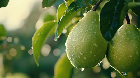 Two fresh pears hang amid lush green leaves, adorned with glistening droplets. The scene captures the beauty of nature, emphasizing freshness and vitality.の素材