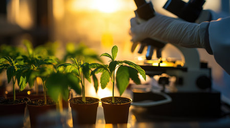 A scientist observes young plants under a microscope in a laboratory during sunset, showcasing the connection between nature and scientific exploration.の素材