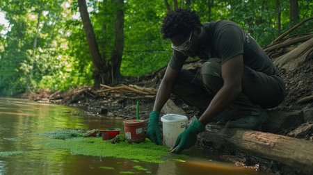 A dedicated environmental researcher gathers samples from a freshwater ecosystem, highlighting the importance of conservation and ecological study in natural habitats.の素材