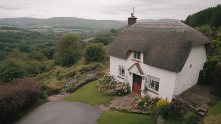 A charming thatched cottage nestled in lush greenery, surrounded by vibrant flowers and rolling hills. This serene countryside scene invites relaxation and tranquility.の素材