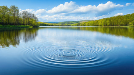 A tranquil lake scene showcases gentle ripples dancing on the water's surface, surrounded by lush green trees and a vibrant blue sky filled with fluffy clouds.の素材