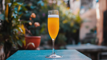 A refreshing sparkling yellow drink served in an elegant glass, set against a lush outdoor backdrop. Perfect for summer gatherings and celebrations.の素材