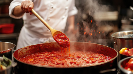 A chef stirs a pot of fresh tomato sauce in a bustling restaurant kitchen. Steam rises as vibrant ingredients blend, creating a flavorful dish.の素材