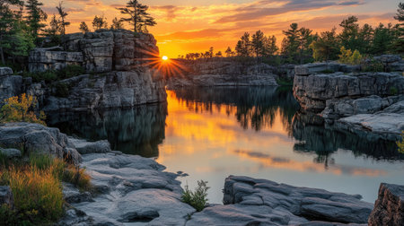 A breathtaking sunset casts vibrant colors over calm waters, surrounded by imposing rock formations. This scenic view embodies tranquility and natural beauty.の素材