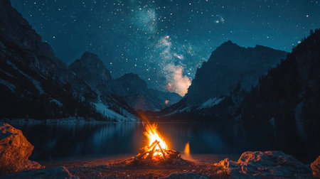 A beautiful nighttime scene featuring a glowing campfire by a tranquil lake, surrounded by majestic mountains under a dazzling starry sky, perfect for nature lovers.の素材
