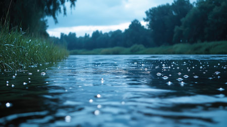 A serene river scene capturing raindrops on the water surface, surrounded by lush greenery and a dramatic cloudy sky. Ideal for nature enthusiasts.の素材