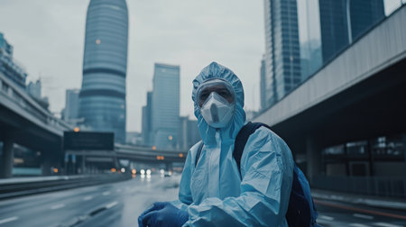 A healthcare worker stands in protective gear on an empty urban street, symbolizing resilience during a pandemic, highlighting safety and health protocols.の素材