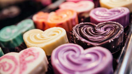 A beautiful display of heart-shaped soaps in various colors and designs. These handmade soaps are perfect for gifts, decoration, and relaxation.の素材
