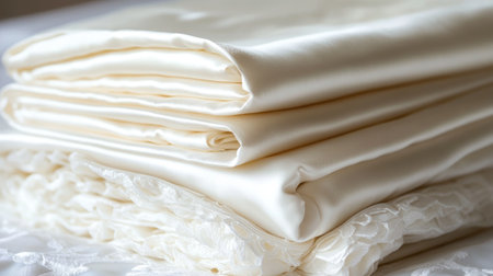 Beautifully stacked soft cream satin fabric showcasing an elegant texture. Perfect for fashion, decor, and design projects, adding a touch of luxury.の素材