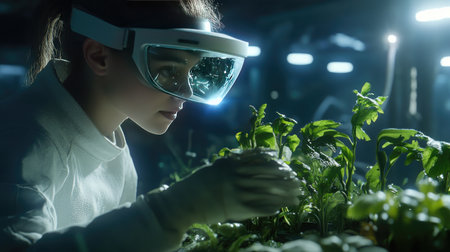 A young scientist examines plants in a futuristic lab setting, showcasing advanced technology and dedication to botanical research and sustainable growth practices.の素材