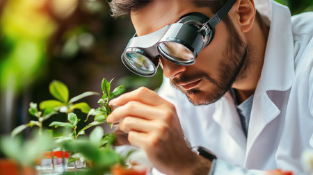 A dedicated scientist in a laboratory closely examines green plant leaves with a magnifying glass. This scene captures a moment of meticulous research and care for plant life.の素材