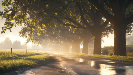 A serene rear view of a tree-lined roadway at dawn, illuminated by soft morning light. The tranquil scene captures the beauty of nature with gentle mist and lush greenery.の素材