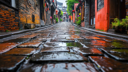 A beautiful rainy street in a historic town, showcasing reflective cobblestones and vibrant buildings. This scene conveys tranquility and charm.の素材