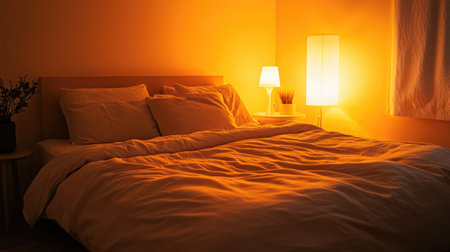 A cozy bedroom scene featuring soft bedding and warm lighting, perfect for creating a tranquil atmosphere for rest and relaxation at night.の素材