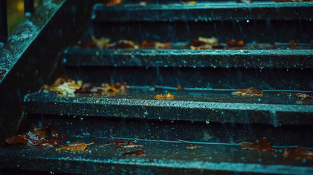 A close-up view of wet outdoor stairs adorned with fallen leaves during a rainstorm. The scene captures the beauty and tranquility of autumn rain.の素材