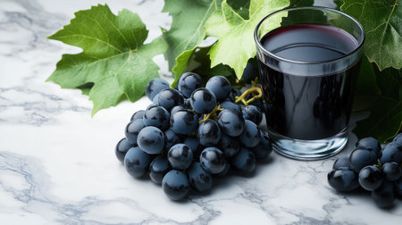 A stunning composition featuring fresh black grapes next to a glass of dark juice on a marble surface. This vibrant scene captures nature's bounty, perfect for food or health themes.の素材