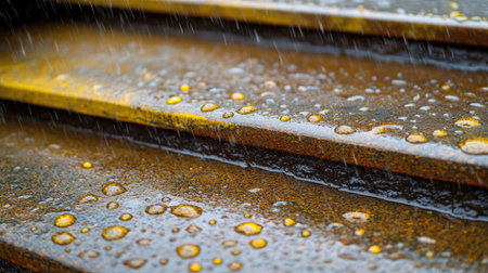 Close-up of metallic steps covered in raindrops, showcasing water droplets and a wet surface. The vibrant textures and reflections create a striking visual effect.の素材