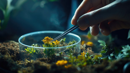 A close-up shot of a hand using tweezers to tend to small vibrant plants in a glass container, illustrating the delicate balance of nature and scientific exploration.の素材