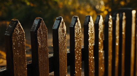 A close-up view of a wooden fence adorned with glistening droplets of dew, illuminated by soft morning light, capturing a serene and tranquil outdoor atmosphere.の素材