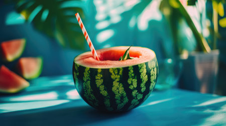 A refreshing watermelon drink served in a hollowed-out watermelon, featuring a striped straw amidst a vibrant tropical backdrop. Perfect for summer gatherings!の素材