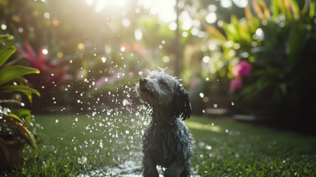 A joyful dog playing in a lush garden, splashing in water droplets while sunlight shines through foliage, creating a vibrant and refreshing atmosphere.の素材