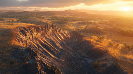 Capture the breathtaking beauty of a remote desert landscape at sunset, featuring rugged terrain and dramatic shadows, offering a serene escape into nature.の素材