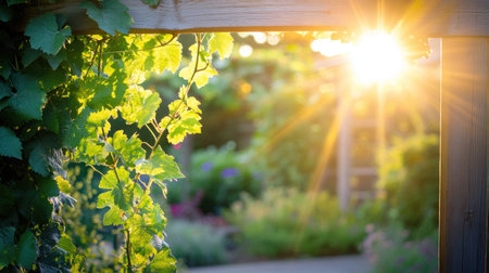 A beautiful garden entrance framed by lush green vines, illuminated by warm sunlight. This serene scene captures the essence of nature's beauty and tranquility.の素材