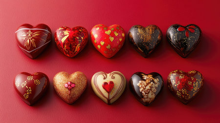 A stunning array of colorful heart-shaped chocolates displayed on a vibrant red background. Perfect for celebrations, gifts, or romantic occasions.の素材