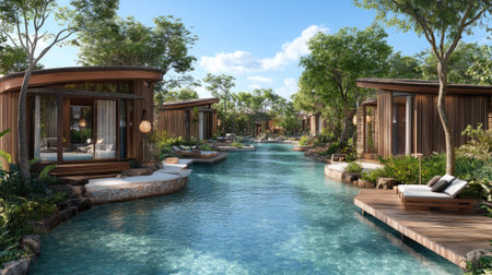 Discover serene resort cabins set beside clear waters and lush greenery. This tranquil getaway offers a perfect blend of luxury and nature, ideal for relaxation.の素材