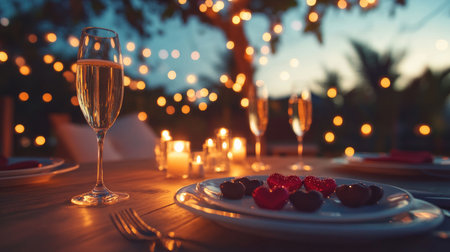 A beautifully arranged outdoor dinner scene featuring sparkling lights, elegant tableware, and a delicious dessert. Perfect ambiance for a romantic evening.の素材