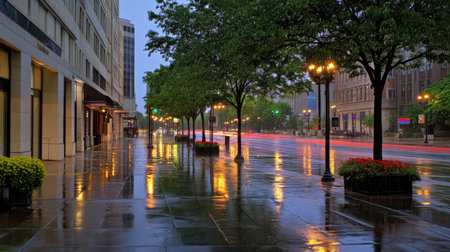 A captivating city street scene features rain-soaked pavements reflecting warm street lights. Lush greenery and empty sidewalks create a peaceful, atmospheric setting.の素材