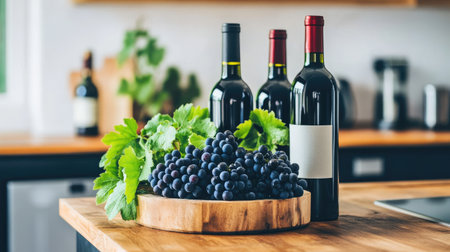 A vibrant display of fresh grapes alongside bottles of red wine on a rustic wooden kitchen table. Perfect for food lovers and culinary enthusiasts.の素材