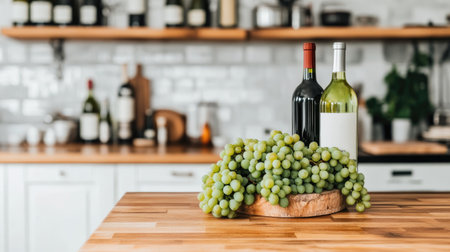 A vibrant scene showcasing fresh green grapes alongside two wine bottles on a rustic wooden kitchen counter, embodying elegance and culinary inspiration.の素材