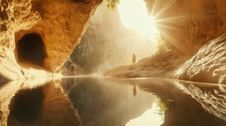 A serene cave landscape featuring shimmering water, sunlight filtering through rocky formations, and a tranquil atmosphere, perfect for nature lovers.の素材